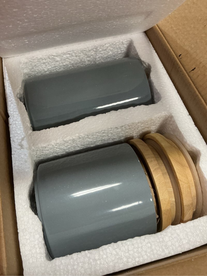 Condition photo showing New/Like New for sweejar kitchen canisters ceramic food storage jar set, stackable containers with airtight seal wooden lid for serving ground coffee, tea, herbs, grains, sugar, salt - set of 4 (gray) gray 16/28/39/58 fl oz (set of 4)
