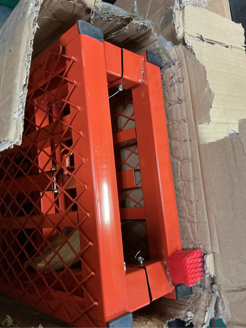 Condition photo showing As Is for foldable scaffolding platform, 70.8x15.2x36.2-62 inch portable work platform, 770 lbs capacity, adjustable height industrial step ladders, ideal for painting, wiring and home decor, red