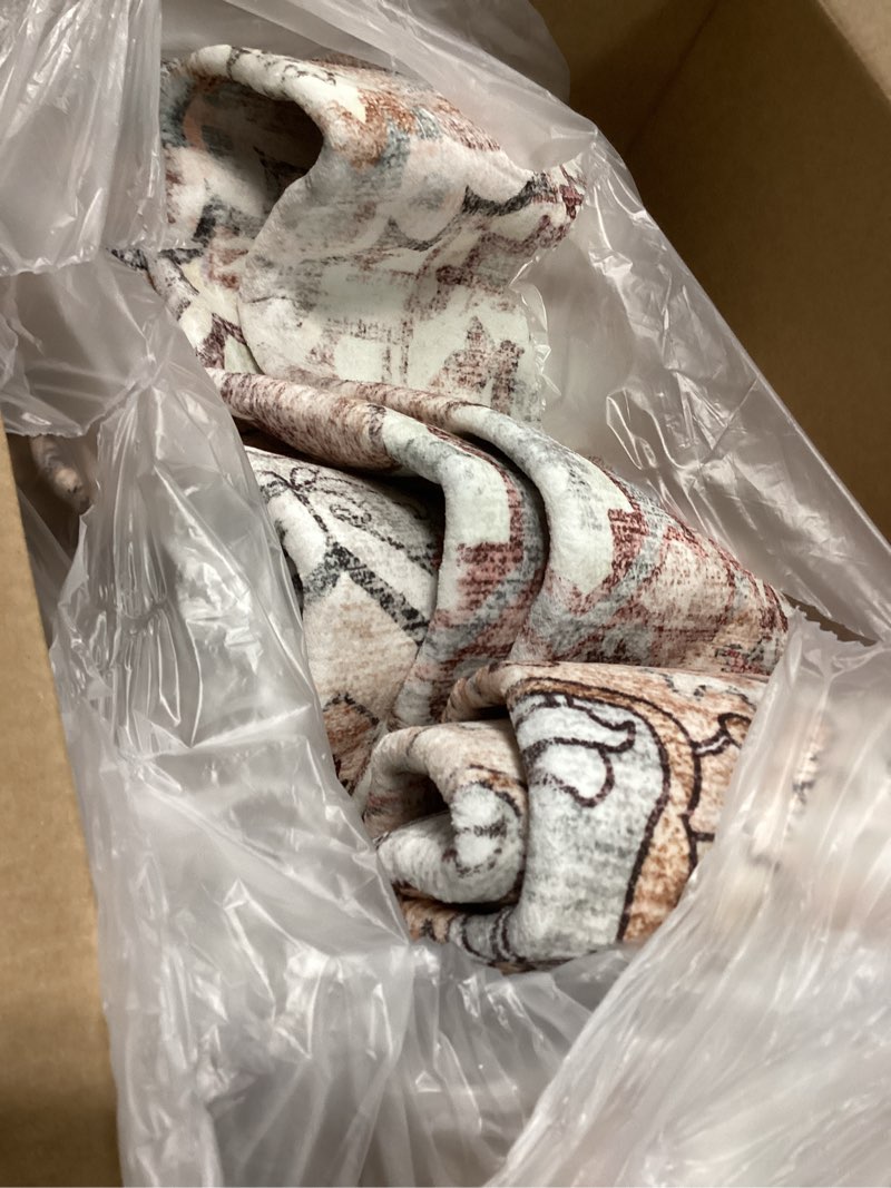 Condition photo showing As Is for Area Rug 6'x9' Light Cyan and Light red Washable Vintage Traditional Floor Cover Thin Retro Kitchen Indoor Distressed Non Slip Carpet for Living Room Bedroom Dining Room Light Cyan and Light Red 6' x 9' (Rectangular)
