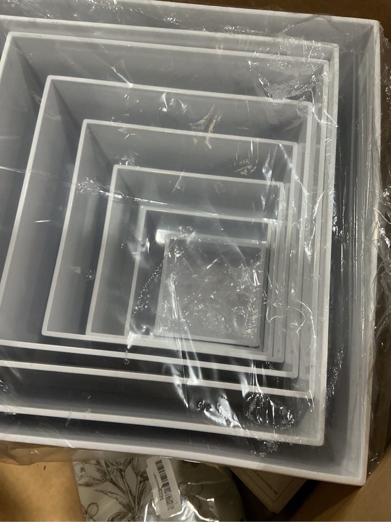 Condition photo showing New/Like New for 10 pcs white acrylic buffet risers with mini sign and marker, food display stands for buffet table party catering dessert jewelry collectibles, acrylic cube nesting boxes with hollow bottoms 8 sizes (10" 9" 8" 7" 6" 5" 4" 4" 3" 3")