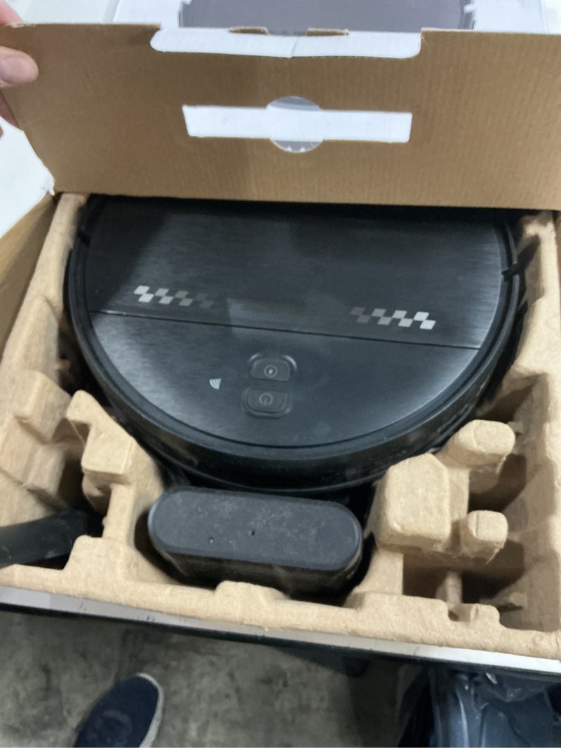 Condition photo showing As Is for robot vacuum and mop combo, 2-in-1 robot vacuum cleaner, perfect for pet hair, hard floor and carpet, anti-bump, anti-fall, app, voice and remote control multicolor