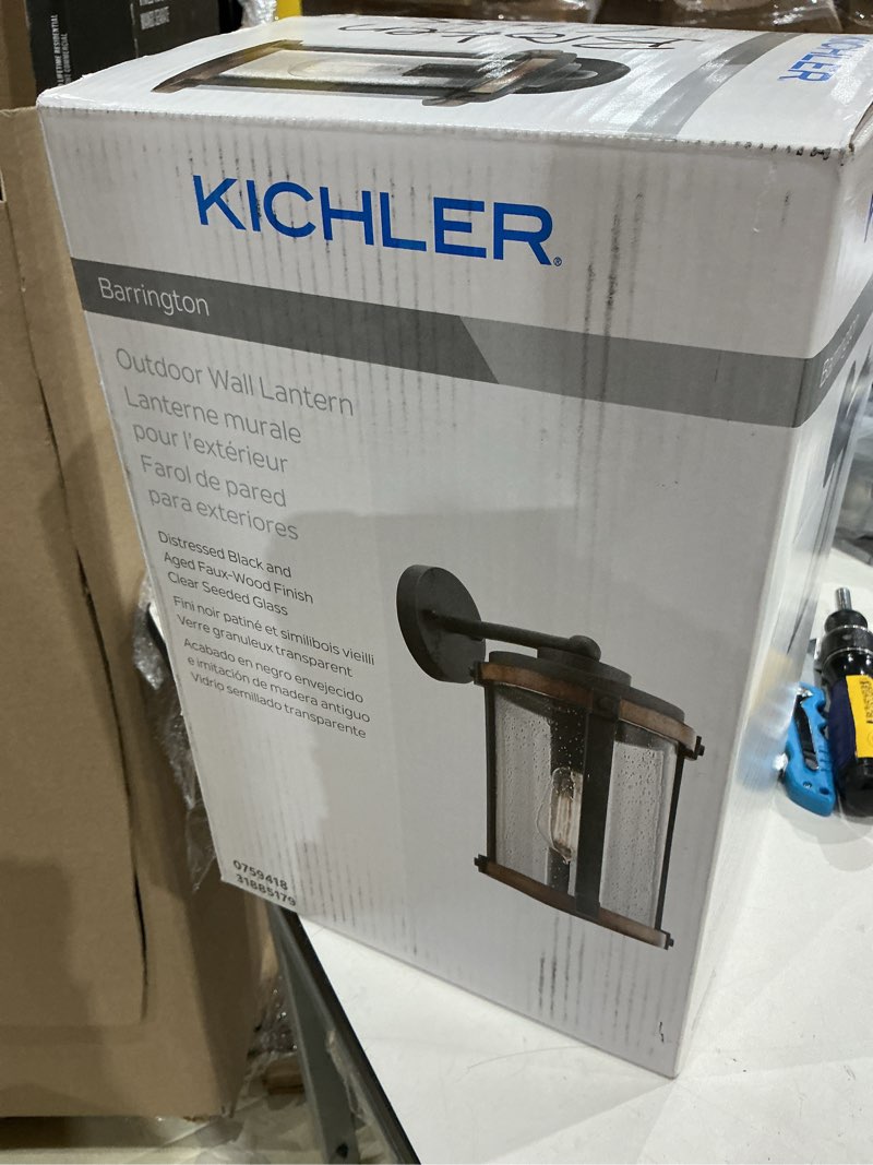 Condition photo showing As Is for kichler barrington 1 -light 16-in h distressed black hardwired outdoor wall light