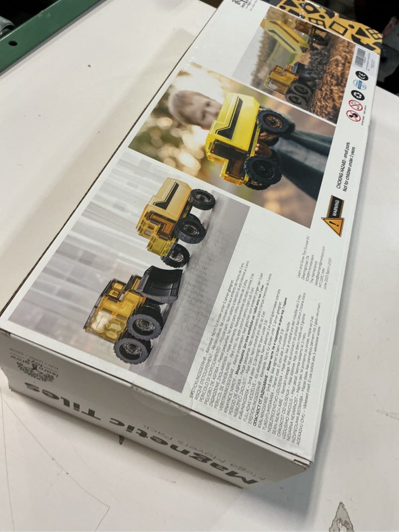 Condition photo showing As Is for Learn & Grow Mega Movers - Magnetic Tiles Construction Trucks – Magnetic Build a Truck Set with 2 Jumbo Magnet Car Vehicles & Moveable Rubber Wheels – Durable STEM Building Toy for Kids Ages 3+