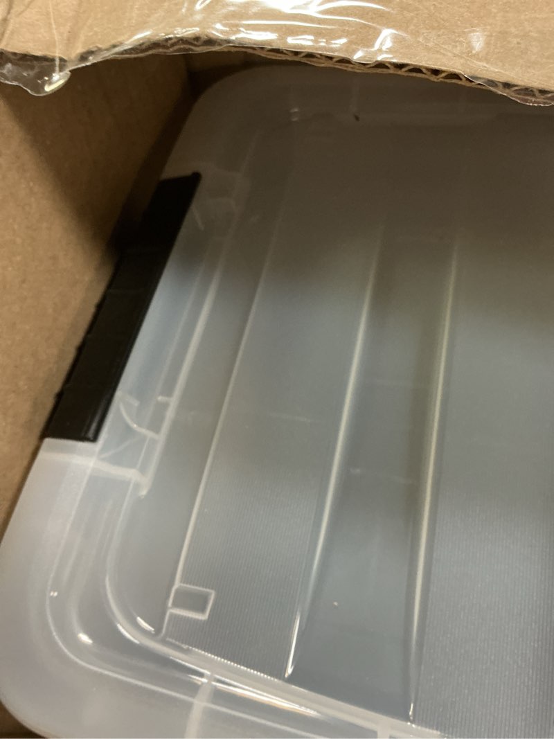 Condition photo showing As Is for IRIS USA 13 QT Plastic Storage Box with Lid and Latches - 6 Pack - BPA-Free, See-Through Organizing Solution, Durable Nestable Stackable Containers, Secure Pull Handle - Clear Clear 13 Qt 6 Pack