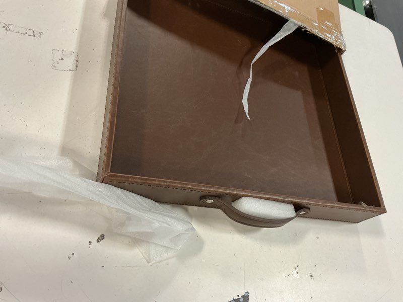 Condition photo showing Good Condition for Ranslen Square Leather Serving Tray with Handles, 15"x15" Decorative Table Tray for Home, Ottoman, Coffee Table, Brown