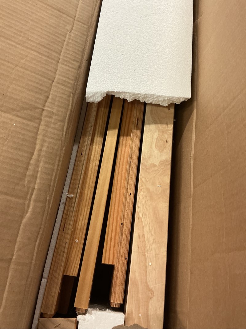 Condition photo showing As Is for bellemave queen size montessori floor bed with rails, pine,montessori floor bedwith slats and a small door, natural