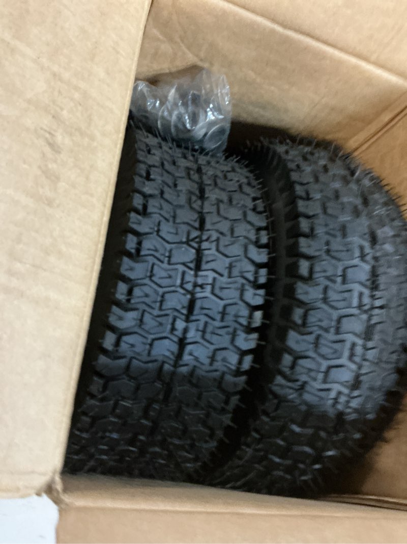Condition photo showing Good Condition for ar-pro (2 pack) 13 x 5.00-6 lawn mower tire and wheel for riding mower lawn tractor, 3" centered hub and 3/4" bushings, 4-ply tubeless turf-v pattern 13 x 5.00-6" tubeless (centered hub) silver