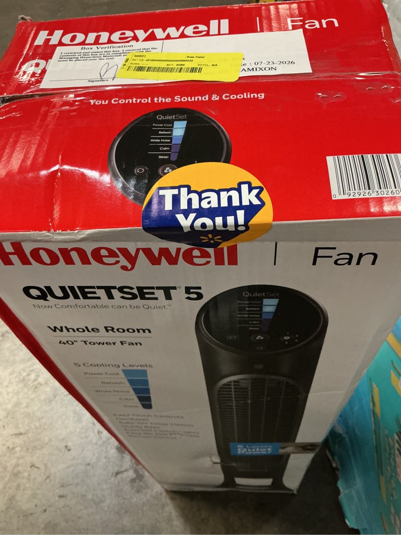Condition photo showing Good Condition for honeywell 40" black quiet set oscillating tower fan, 30ft air circulation power, 5 speed, auto off timer, hyf260b
