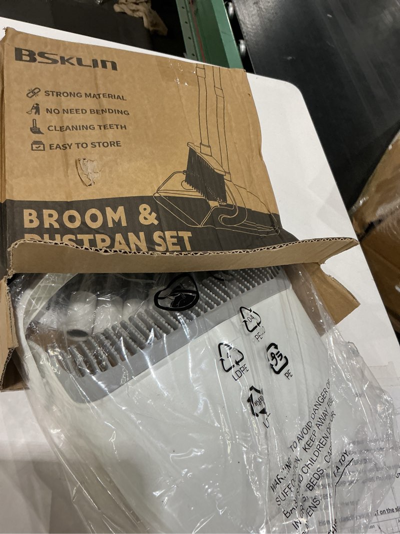 Condition photo showing Good Condition for broom and dustpan set, 52" adjustable handle broom, white | dustpan self-cleaning teeth for hair, 52" long handle standing dustpan,suitable for home kitchen office hall floor