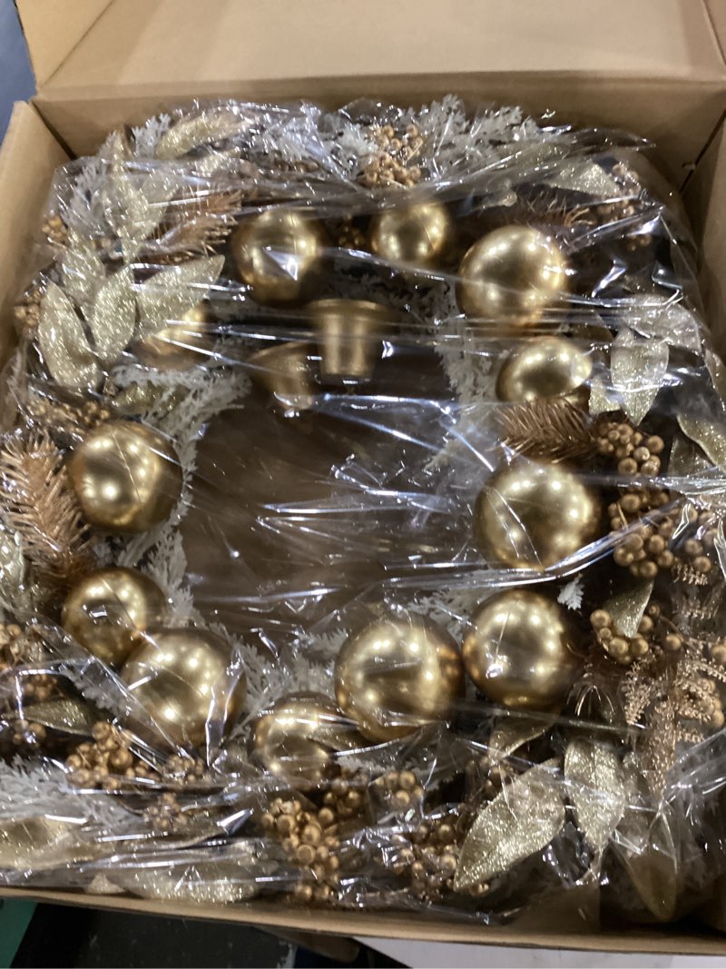 Condition photo showing New/Like New for 24\" gold christmas wreaths for front door, gold berry leaves bells balls xmas wreath with white fake pampas grass, door reef for windows fireplaces walls, front porch indoor and outdoor 24 inch gold