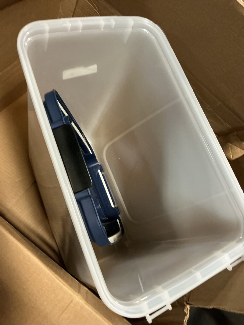 Condition photo showing Good Condition for iris usa airtight dog food storage container, up to 40 lbs, attachable wheels, for dog cat bird and other pet food storage bin, keep fresh, translucent body, easy mobility, navy 40 lbs navy