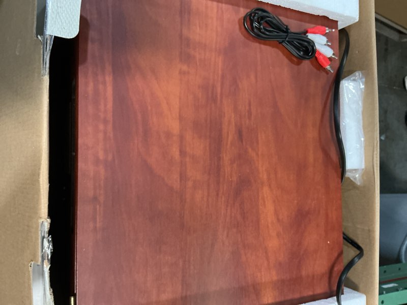 Condition photo showing As Is for Victrola The Quincy 6-in-1 Bluetooth Record Player & Multimedia Center with Built-in Speakers – 3-Speed Turntable, CD & Cassette Player, AM/FM Radio, Wireless Music Streaming (Mahogony) Mahogany Record Player