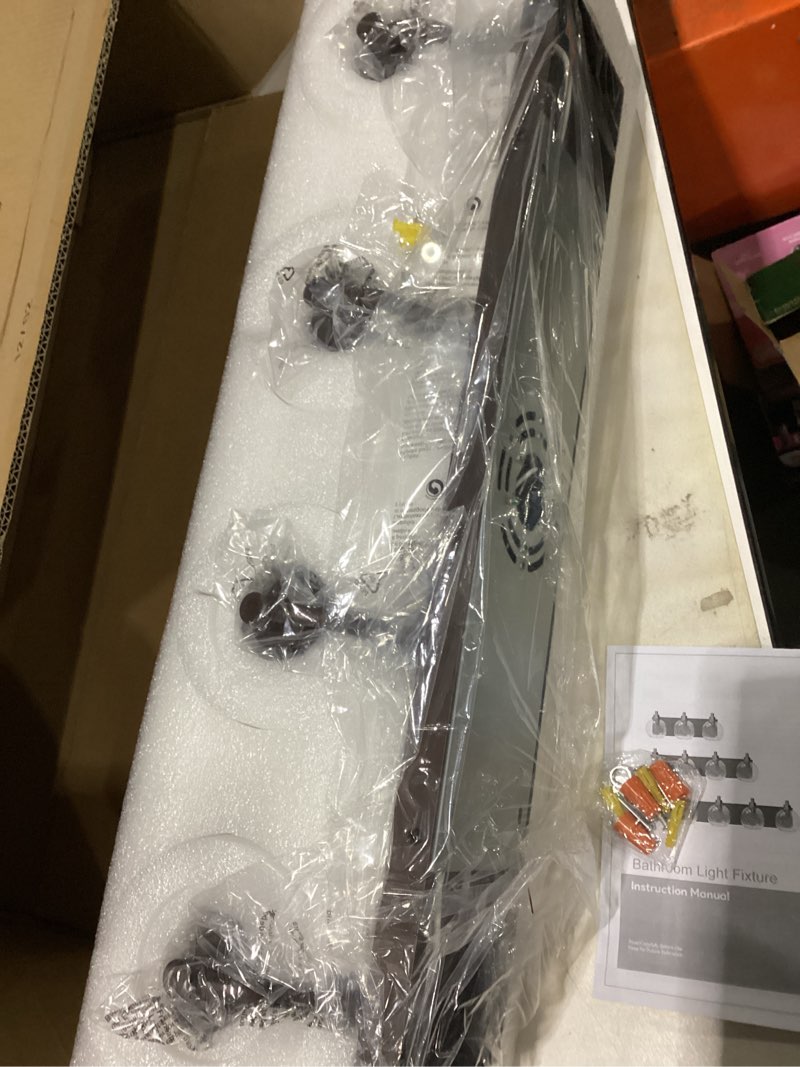 Condition photo showing As Is for IZORRO Bathroom Light Fixtures, 4 Light Oil Rubbed Bronze Vanity Light, Modern Wall Sconces with Globe Clear Glass Shade, Vanity Lighting Fixtures Over Mirror,E27 Bulb Socket Oil-Rubbed Bronze 4-Light