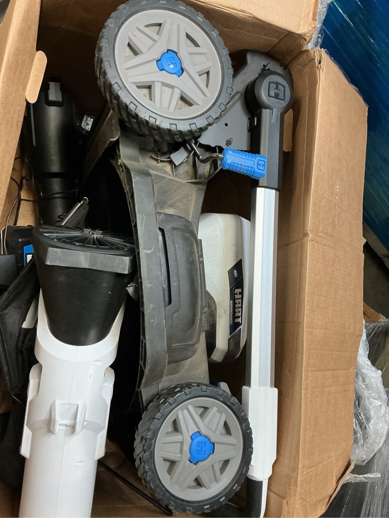 Condition photo showing As Is for restored hart 40-volt cordless brushless 20-inch push mower kit, (1) 5.0ah lithium-ion battery, (1) battery charger (refurbished)