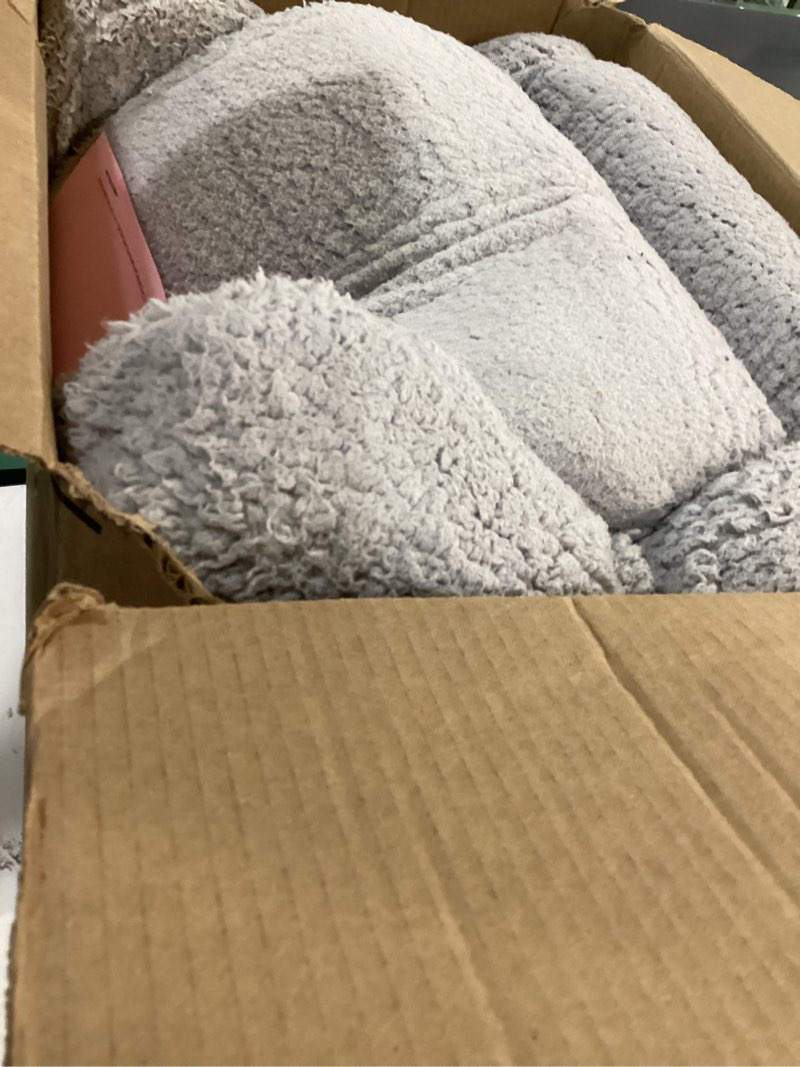 Condition photo showing As Is for kids sofa, 2-in-1 flip-out foam couch with soft sherpa cover, cozy play lounge chair, grey grey medium