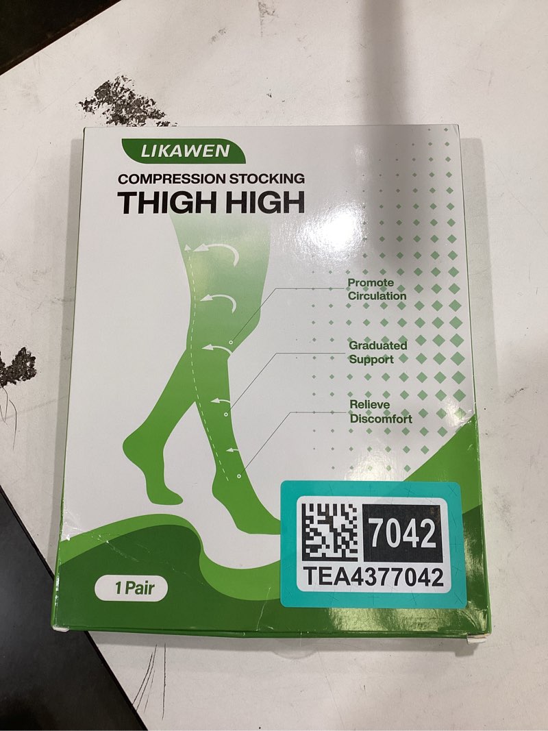 Condition photo showing New/Like New for thigh high compression stockings for women and men, 20-30 mmhg medical compression socks, closed toe, dot top, graduated support hoses for leg fatigue, varicose veins, swelling beige x-large
