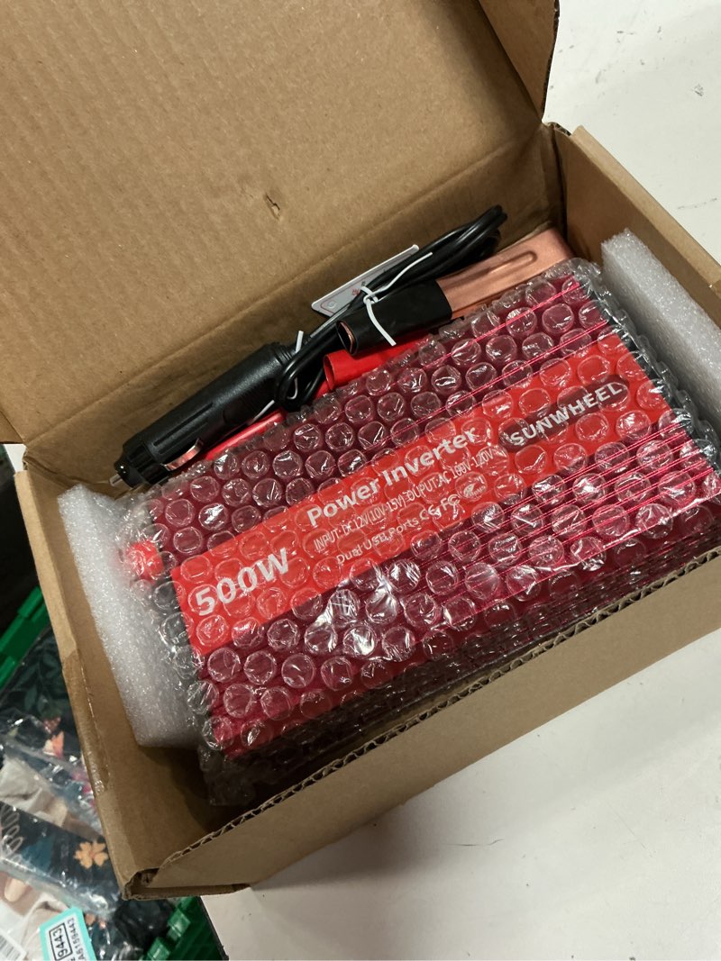 Condition photo showing New/Like New for sunwheel 500w power inverter dc 12v to 110v ac car inverter with 2 x 3.1a usb ports and dual ac outlet, equipped with 1 cigarette lighter and 2 battery clamps for road trip and camping