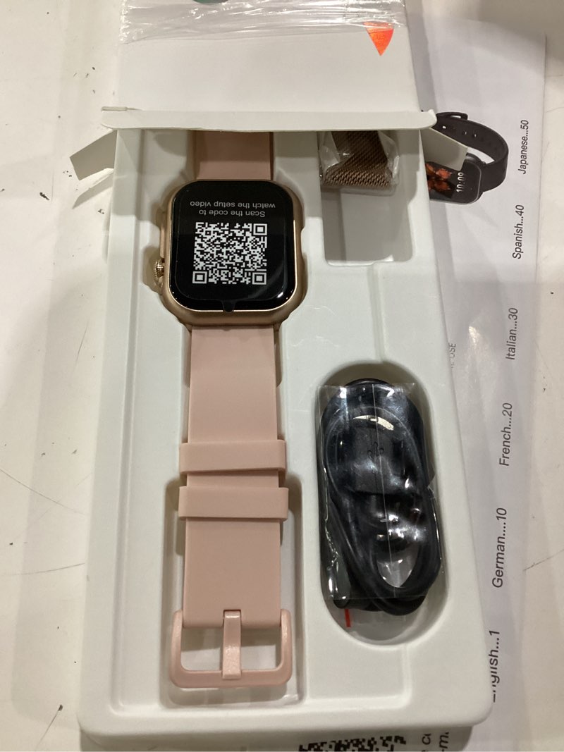 Condition photo showing As Is for smart watch for women for iphone android: 1.85"smartwatch with make/answer call sleep heart rate spo2 blood pressure monitor ip68 waterproof 120+sport mode fitness tracker 1000mah battery 2bands pink pinksand 1.85