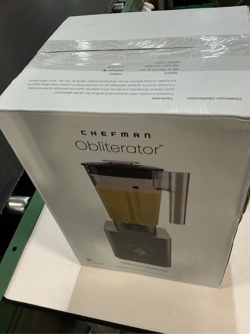 Condition photo showing New/Like New for chefman obliterator 48 oz countertop blender for smoothies, 1380w motor to crush ice, nuts, and frozen fruit with stainless steel blade, auto blend function, includes tamper and scraper midnight power blender