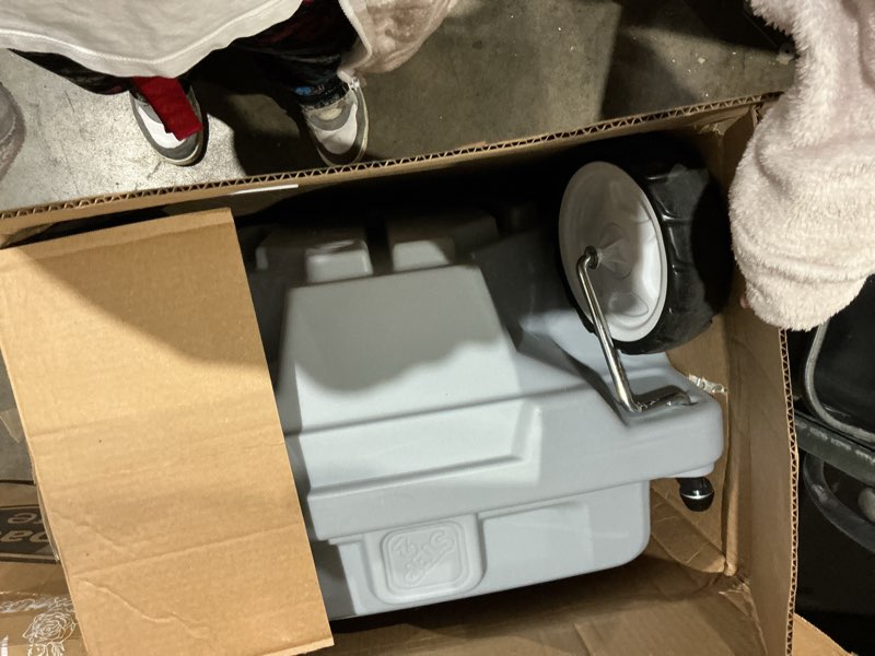 Condition photo showing As Is for step2 side-by-side push around suv, kids push car, 2 seats, stroller substitute, includes seat belts & horns, made of durable plastic, max weight 100 lbs., for toddlers 1.5-5 years old, gray gray large