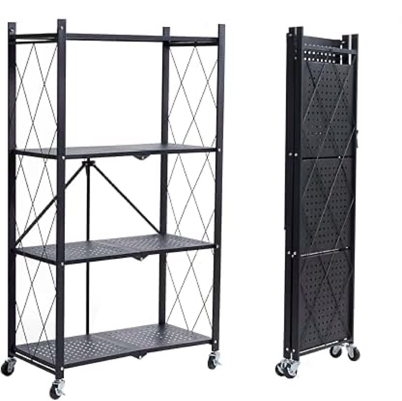 brian & dany 4-tier foldable storage shelves with wheels, folding metal rack shelving unit, heavy duty no assembly organizer shelf for garage, kitchen, basement, pantry, black