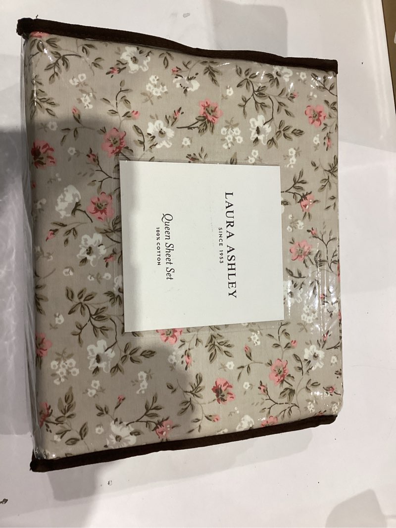 Condition photo showing New/Like New for Laura Ashley - Queen Sheet Set, Buttery-Soft Bed Sheets with a Naturally Silky Smooth Cotton Sateen Lightweight Feel - Matching Pillowcases & Fitted Sheet (Bonnie Beige) Queen Bonnie Beige