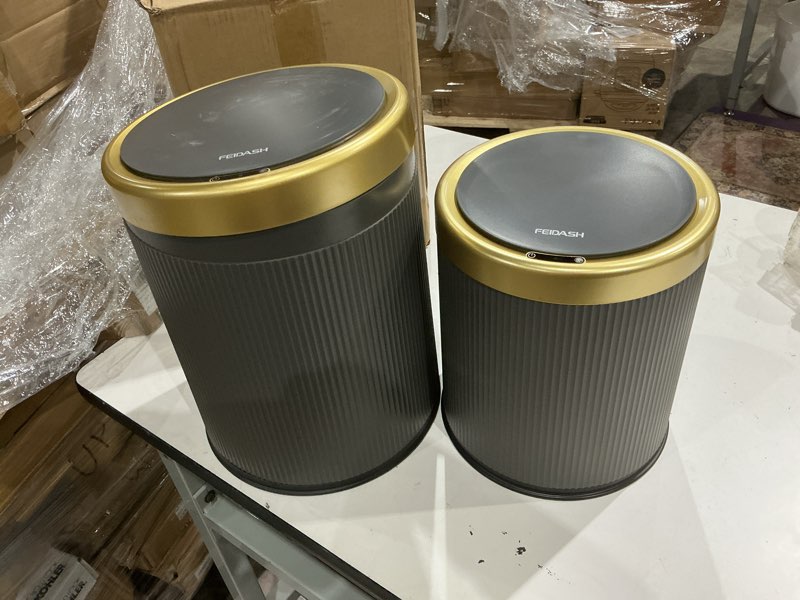 Condition photo showing As Is for 2pack automatic bathroom trash can, touchless motion sensor garbage can with lid, smart dog proof trash bin, plastic wastebasket for bedroom, office, living room, 2.8 gallon+3.7 gallon (dark grey) dark grey motion-senor