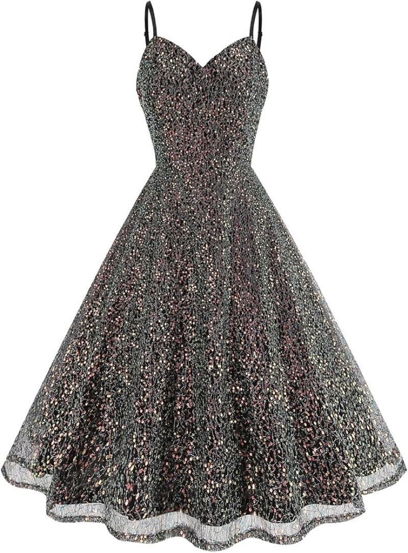 PEIQI Women's Glitter Rhinestone Dress Spaghetti Strap Flared Sparkle Party Cocktail Homecoming Dresses Black X-Large