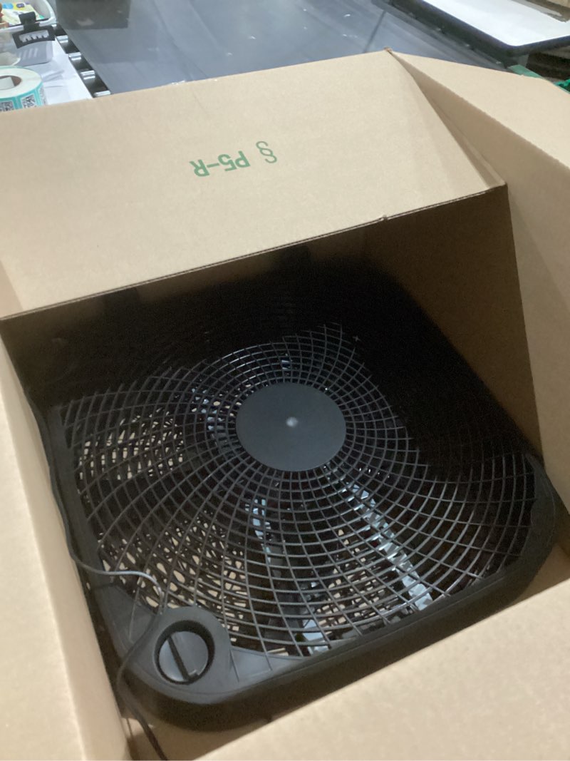 Condition photo showing Good Condition for Amazon Basics 3 Speed Box Fan, Indoor Electric Fan for Home Cooling, 5 Blades, Lightweight Design, 67 Watts, 20-Inch, Black, 6.8"D x 20.86"W x 21.33"H
