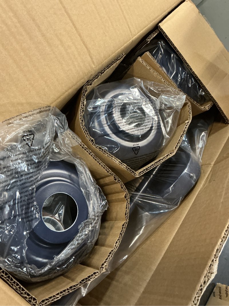 Condition photo showing Good Condition for 3-light vanity light fixture – industrial dark blue wall sconce with metal shades, ideal for bathroom, bedroom, kitchen, living room, and hallway blue 3 lights