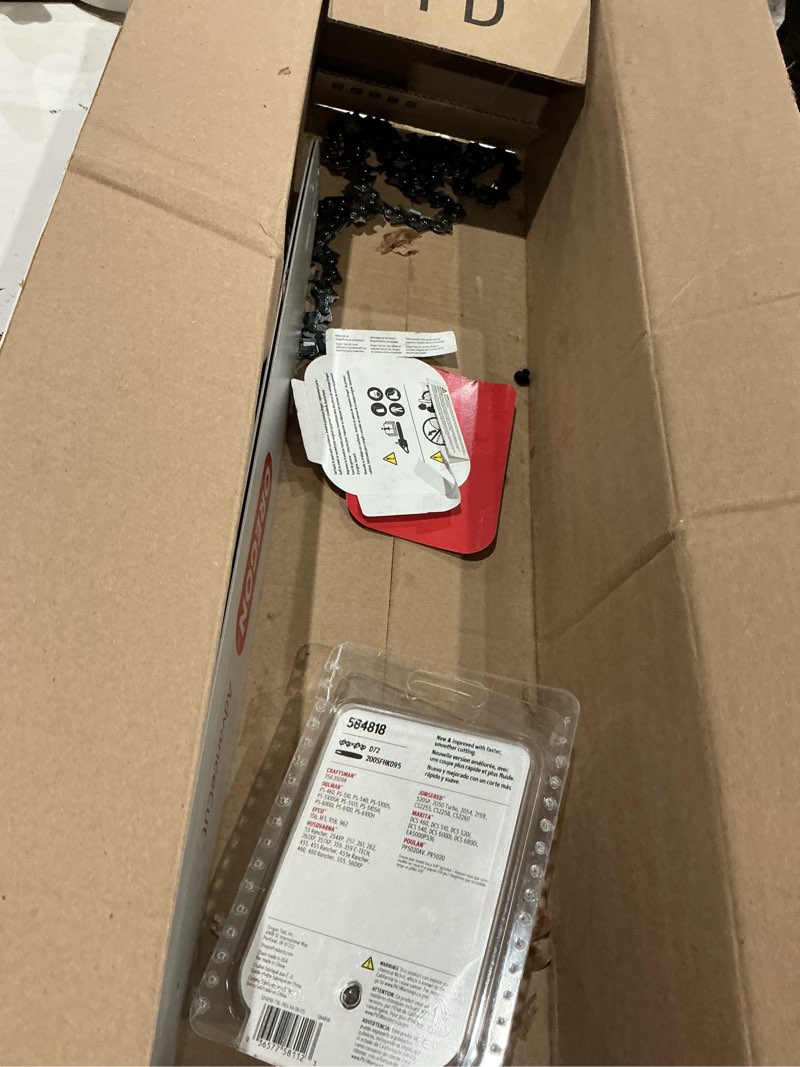 Condition photo showing As Is for oregon chainsaw guide bar & chain combo, advancecut replacement for saw chains, bar length 20" (50cm) with low kickback chain set, 3/8" pitch, 0.050" gauge, 72 drive links (584818)