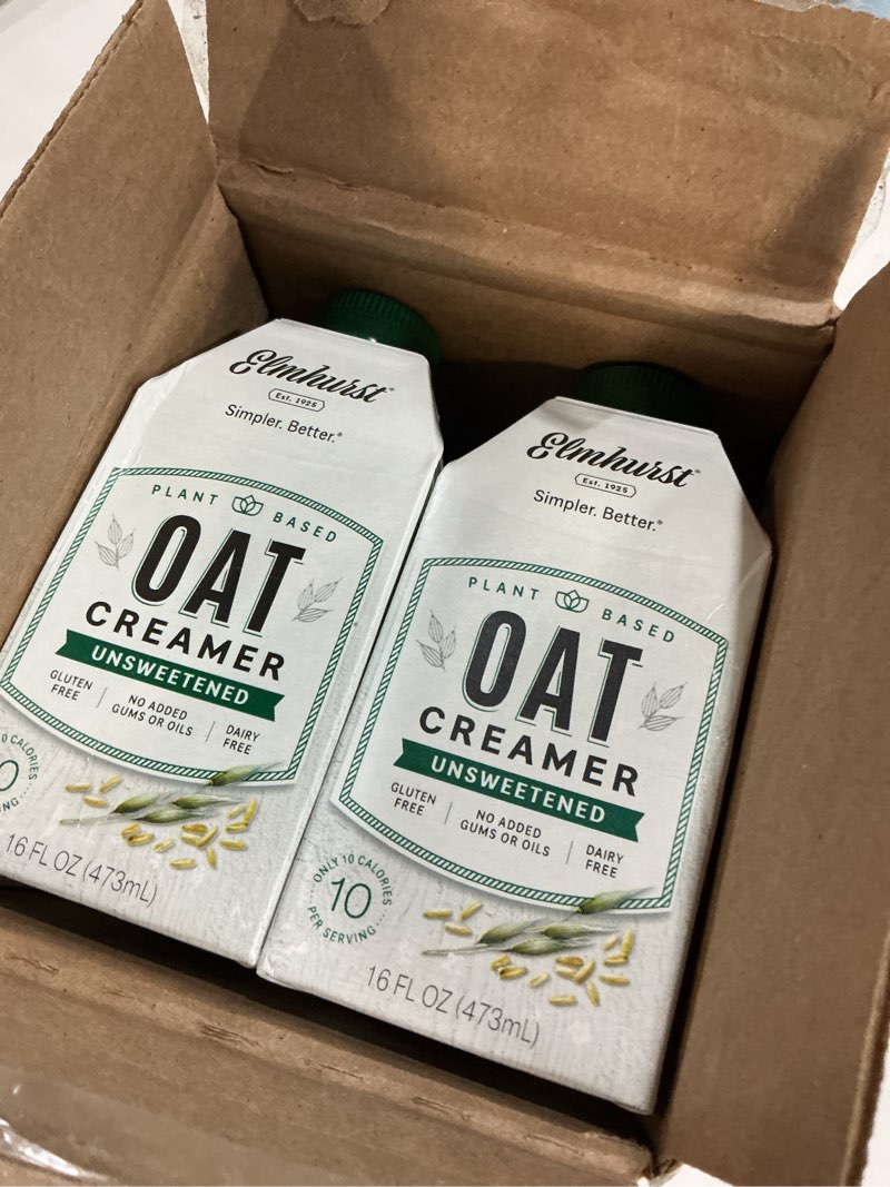 Condition photo showing New/Like New for BB 19/feb/2026)Elmhurst Oat Creamer, Unsweetened, Plant Based, Non GMO, Gluten Free, Dairy Free, 16 Fluid Ounces (Pack of 6)