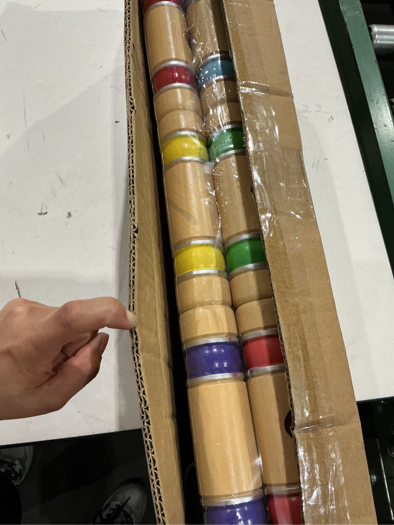 Condition photo showing New/Like New for apudarmis six player croquet set with premiun rubber wooden mallets 28in,colored ball,wickets,stakes - lawn backyard outdoor game set for adults/teenagers/family (large carry bag including) 28'' standard