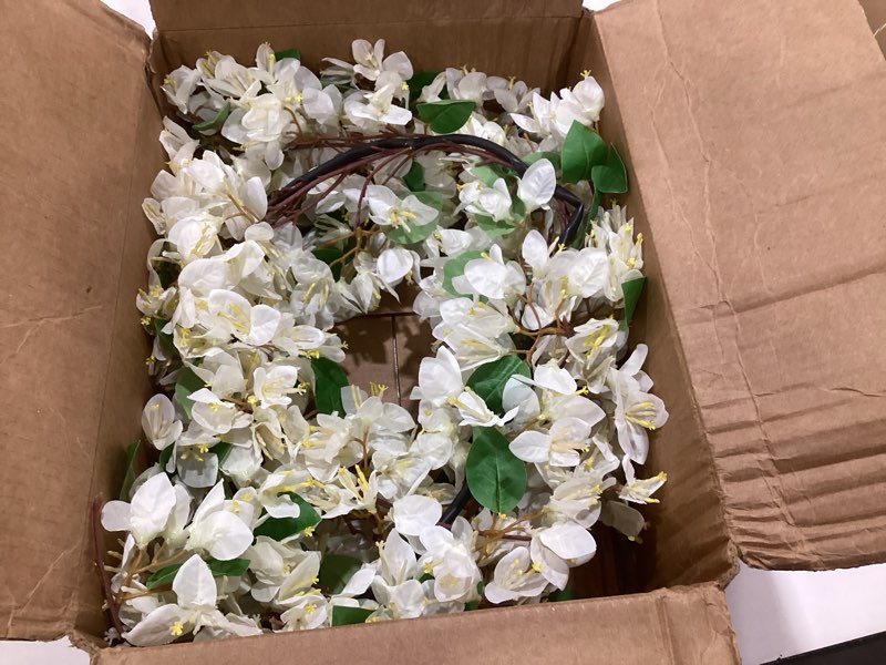 Condition photo showing As Is for briful spring wreaths for front door 18'' fake bougainvillea flower wreath silk white floral hanging wreath outdoor summer wreath for home wall fireplace front porch patio décor