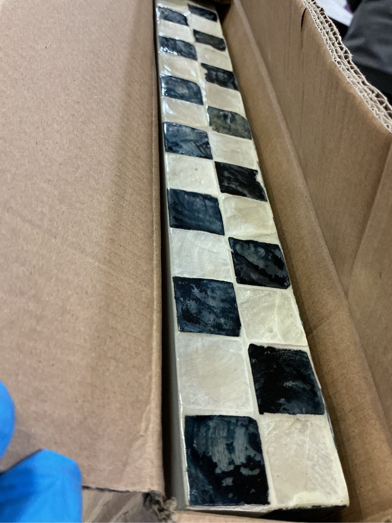 Condition photo showing Good Condition for 15.8" x 11.8" Decorative Rectangular Tray with Natural Capiz Shells, Checkered Tray with Handles, Serving Tray for Ottoman, Coffee Table, Kitchen Counter Home Decor (Navy Blue) Navy Blue 15.8" x 11.8" x 2"