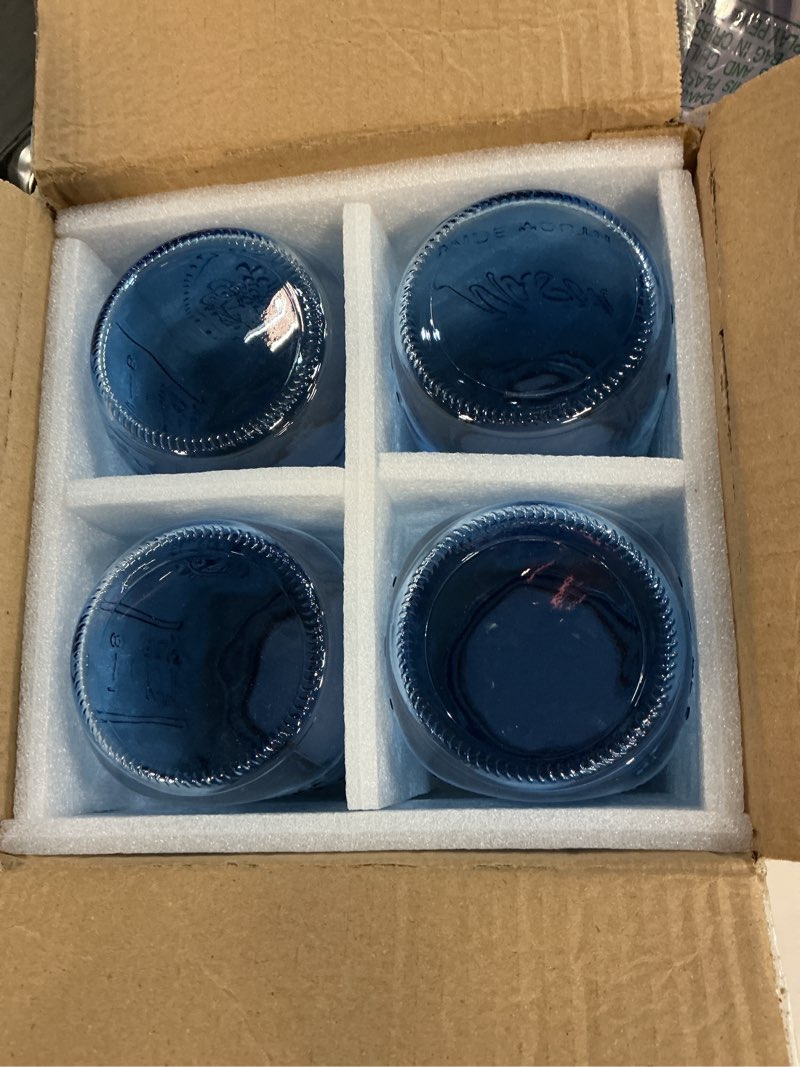 Condition photo showing New/Like New for WELLIFE Wide Mouth Mason Jars,4 Pack Blue Mason Jars 32 OZ,Mason Jar for Decor Canning & DIY Crafts,Food Storage,Fermenting,Pickling,Meal Prep Blue Mason Jars 32oz-4Pcs