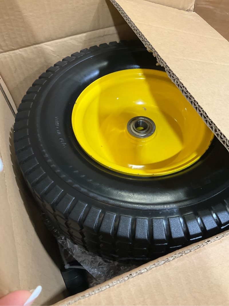 Condition photo showing Good Condition for ar-pro (2 pack) 13x5.00-6 flat free front tire and wheel assembly, solid riding lawn mower wheels, 3"-6" offset hub (adjustable), 3/4"&5/8"&1/2" bearing, 400 lb load 13 x 5.00-6" flat-free (offset hub) yellow