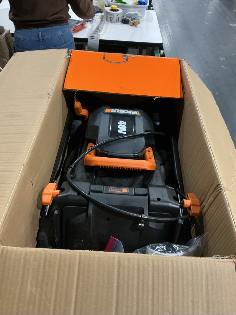 Condition photo showing As Is for worx 14" cordless lawn mower, 2 in 1 electric mower cuts quietly, compact & lightweight push lawn mower with 6-position height adjustment for small yards, 2 batteries & charger included, wg779 14" 40v mower w/(2) 4.0ah batteries