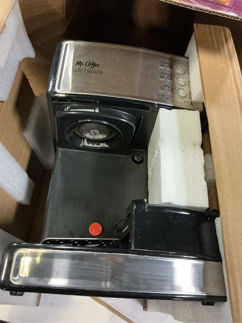 Condition photo showing As Is for Mr. Coffee Espresso and Cappuccino Machine Stainless Steel Programmable Coffee Maker with Automatic Milk Frother 15-Bar Pump Ideal for Home Baristas