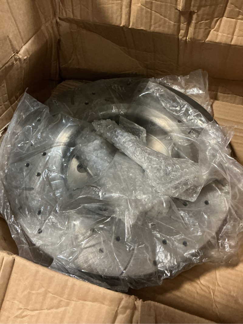 Condition photo showing As Is for a-premium 11.93 inch (303mm) front drilled and slotted disc brake rotors compatible with select chevy and buick models - impala 2006-2013, impala limited 2014-2016, monte carlo, lucerne, 2-pc set