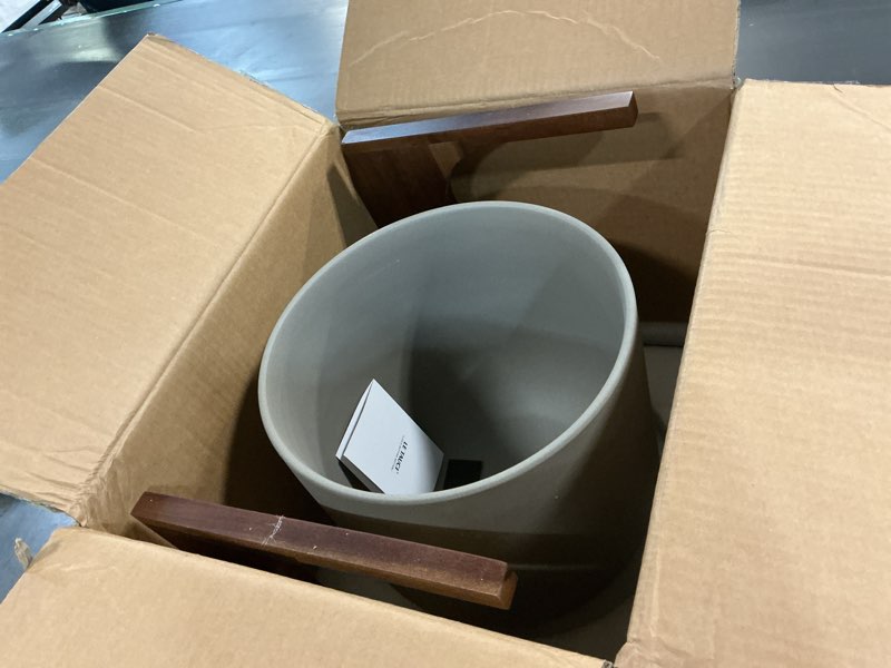 Condition photo showing New/Like New for le tauci 12 inch plant pot with acacia wood stand, ceramic large planters for indoor plants, indoor pots for plants office living room, cylinder planter with drainage hole and plug, neutral gray neutral gray 12 inch