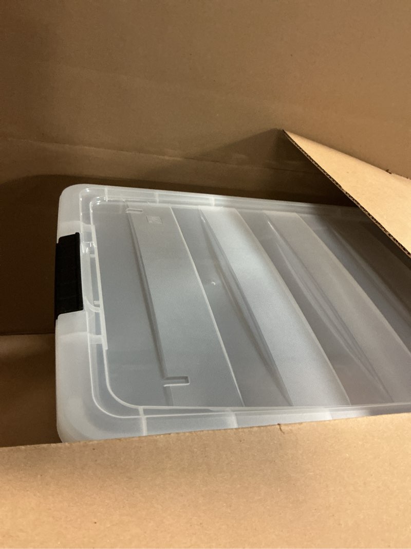 Condition photo showing Good Condition for iris usa 72 qt stackable plastic storage bins with lids, 6 pack - bpa-free, made in usa - see-through organizing solution, latches, durable nestable containers, secure pull handle - clear clear 72 qt 6 pack