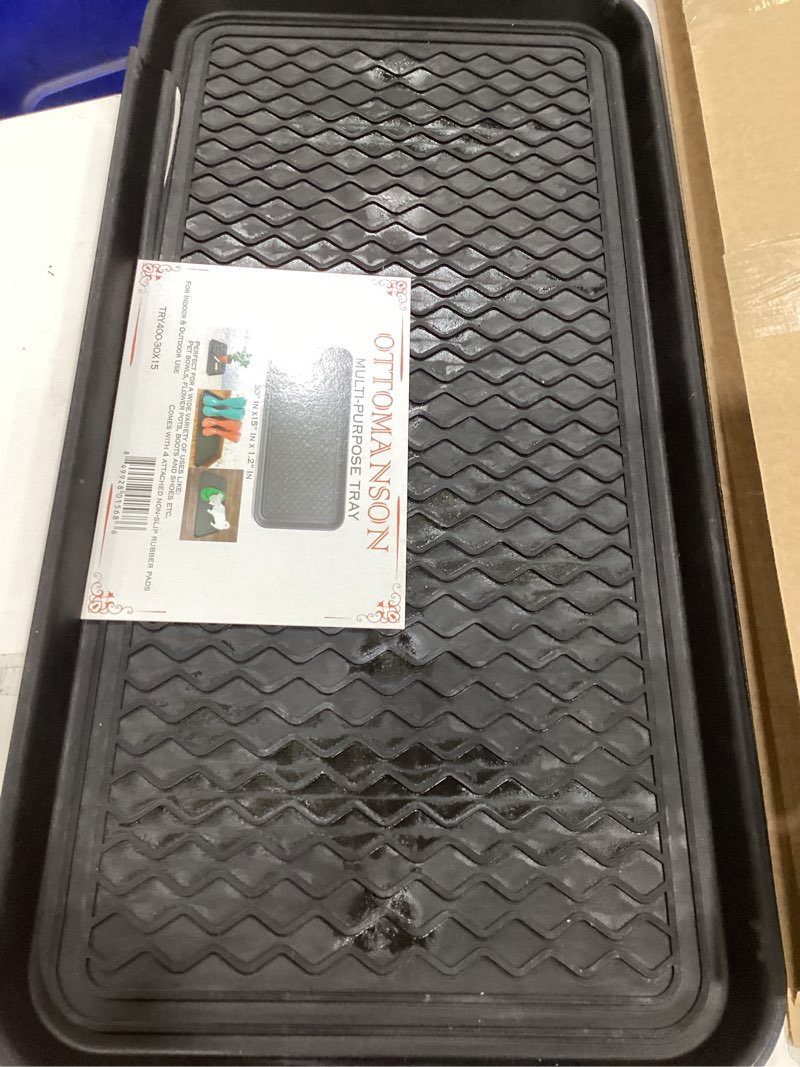 Condition photo showing Good Condition for Ottomanson 15” x 30” Multi-Purpose Boot Tray - Waterproof Mat for Shoes, Pet Food, Litter Box, Painting & Planting - 1.2” Raised Edge for Spill Protection A Black Tray - 15" x 30"