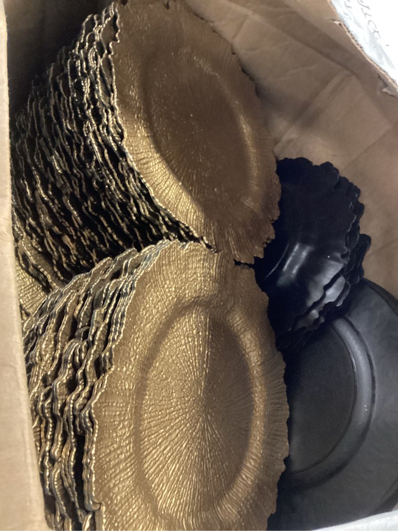 Condition photo showing As Is for Gold Reef Charger Plates 50PCS, 13inch Plastic Floral Charger Plates Wedding for Dinner,Wedding,Party,Event,Decoration(Reef Gold50) 