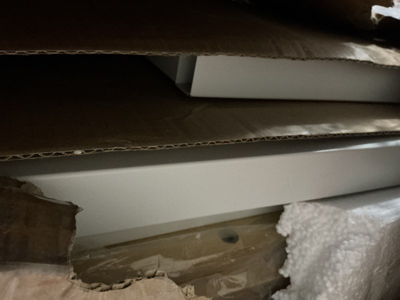 Condition photo showing As Is for VASAGLE Kitchen Island with 3 Shelves, 47.2 Inches Width Kitchen Shelf with Large Worktop, Stable Steel Structure, Industrial, Easy to Assemble, Oak Color and White UKKI001W09 47.2"W x 35.4"H without Power Outlets Oak Color + White