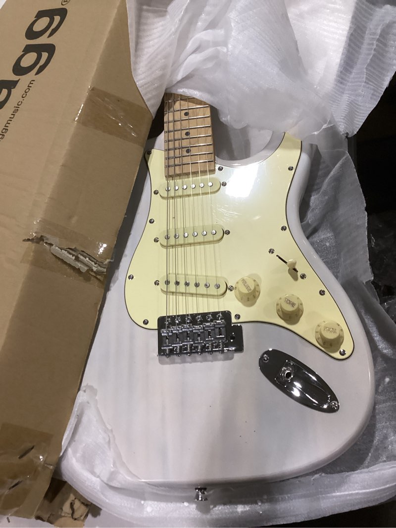 Condition photo showing As Is for stagg ses-55 whb series 55 electric guitar with solid paulownia body l tempered maple neck l 22 fret maple fingerboard l aged white 3-ply pickguard l see through white blonde finish