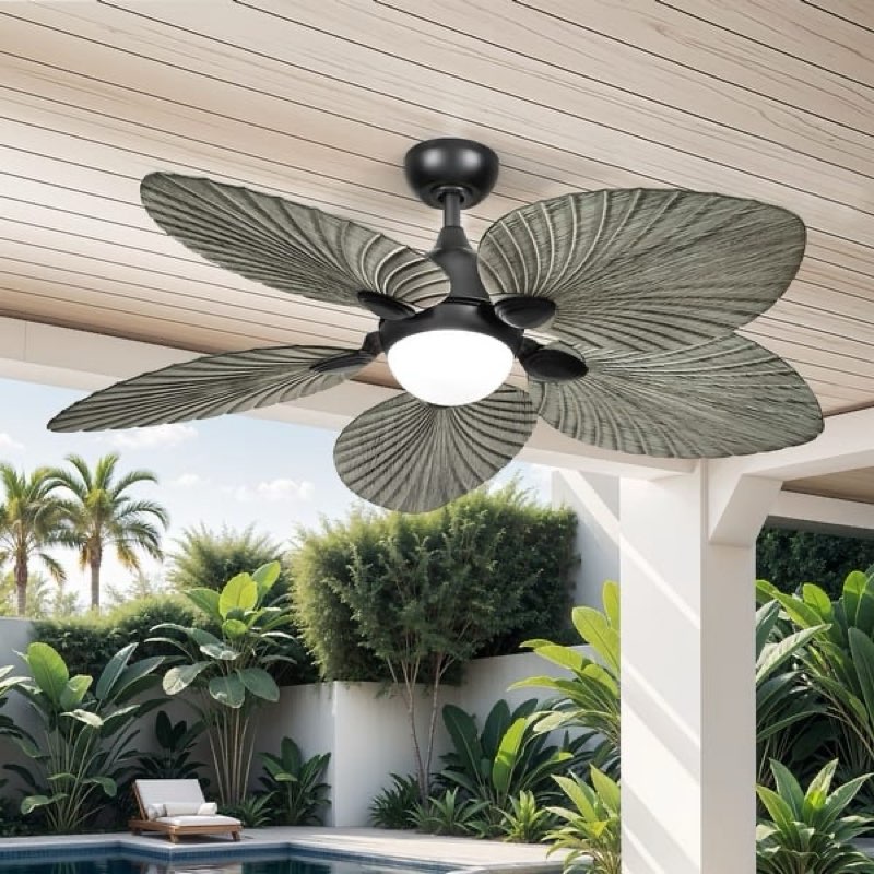 Silent Operation Tropical Ceiling Fan - 52 Inch, DC Motor, 6-Speed, Remote Control faux wood grain palm leaf blades - 52"