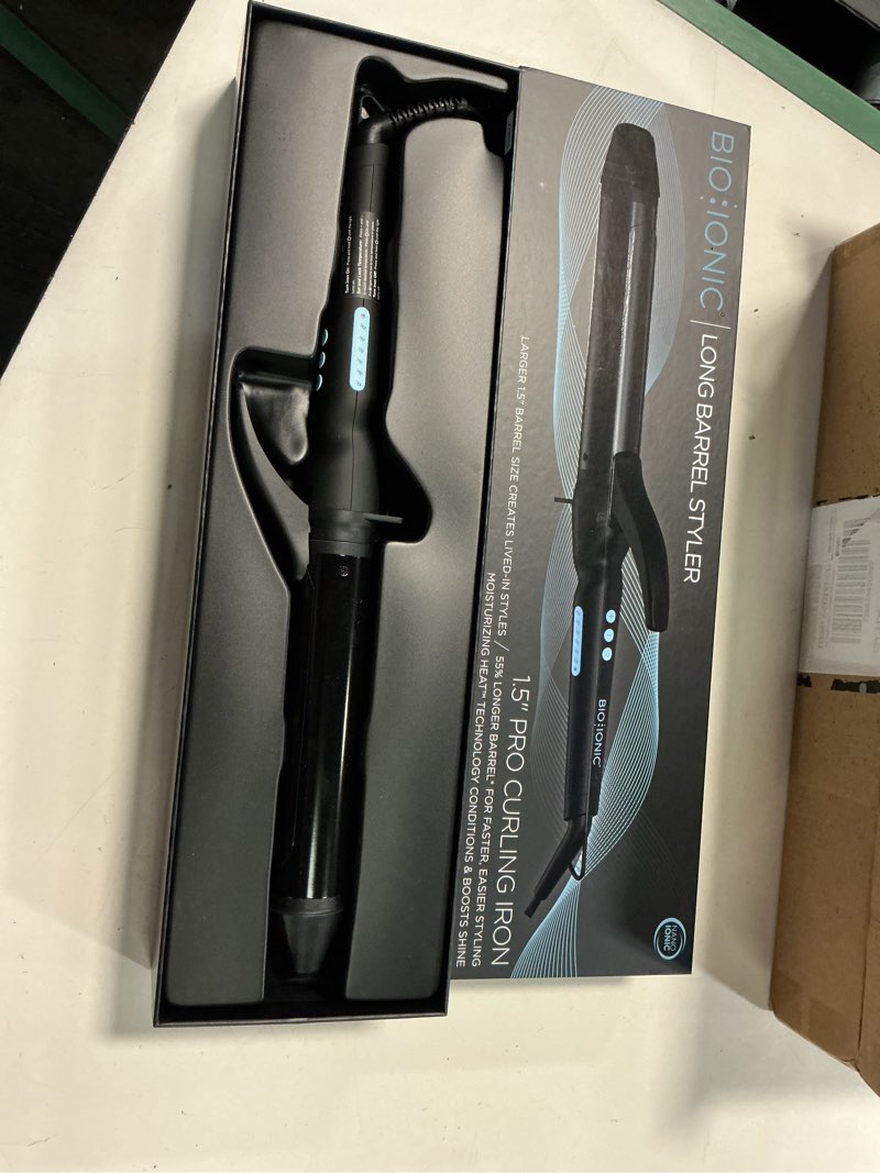 Condition photo showing New/Like New for bio ionic long barrel curling iron with moisture heat technology & nanoionic mx versatile curling wand - multiple barrel sizes for tight, classic, loose & soft curls 1.5 inch (soft curls) black