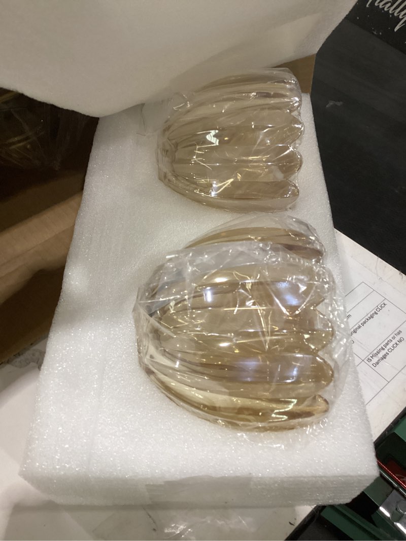 Condition photo showing Good Condition for bathroom light fixtures, 2-light brushed gold vanity lights for bathroom with ribbed amber tulip glass shade, vanity lights over mirror for bedroom, living room, hallway brushed gold - tulip amber 2-light