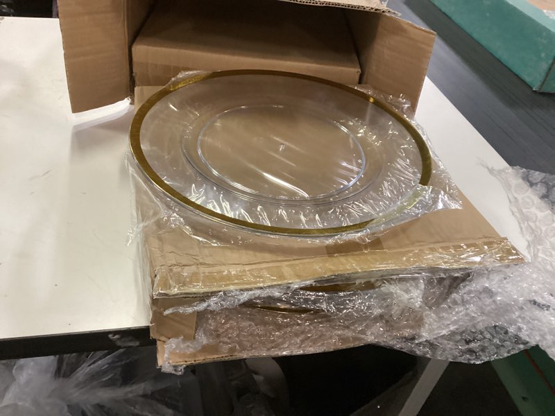 Condition photo showing New/Like New for Eccliy 40 Pieces Clear Charger Plates Bulk 13 Inch Gold Rim Serving Plates Round Acrylic Dinner Chargers Decorative Plates for Home Kitchen Wedding Birthday Events Party Dinner Tabletop Decor Supplies